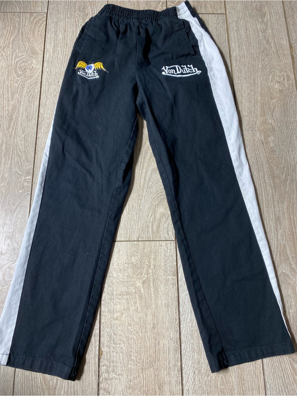 Von Dutch Kids Mini Track Pants Black White Wide Leg Flying Eyeball Youth 10/12